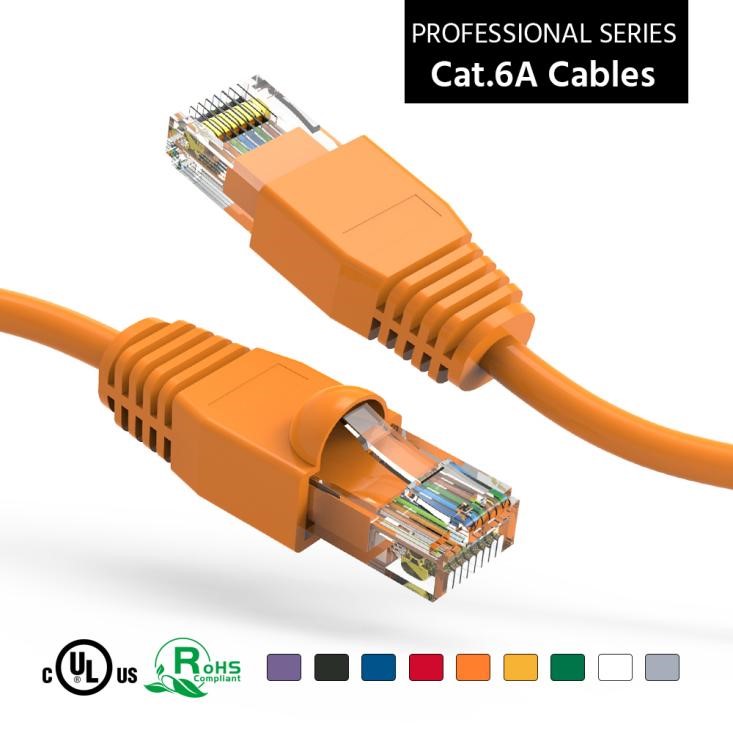 The two connectors of Nippon Labs Cat.6A UTP Ethernet Network Booted Cable are on display